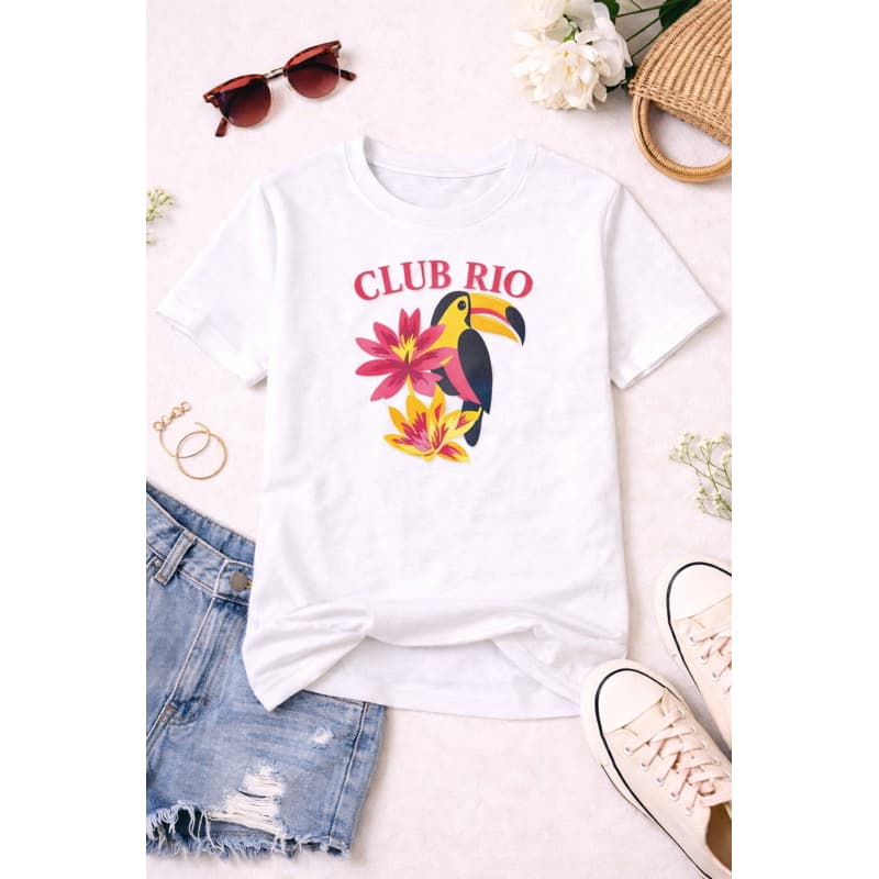 Camiseta Feminina Estampada Club Rio Tropical – T-Shirt Casual Confortável Moda 2026