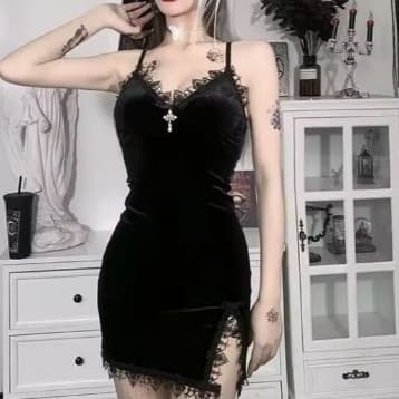 Vestidos Gótica estilo alternativo Gothic punk grunge E-girl Emo Alternativa Rock com fenda lateral e renda veludo cruz