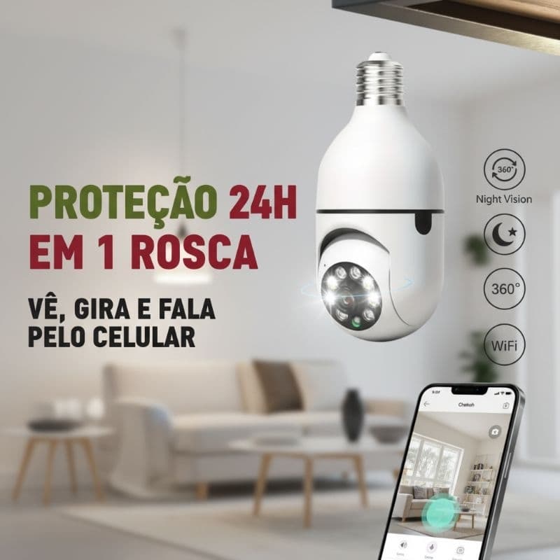 🚨 PROTEJA 24H! Câmera Lâmpada WiFi 360° Full HD Noite IP Vigilância Bivolt 1UN