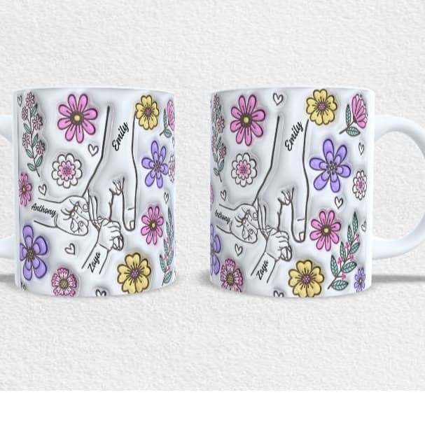 Caneca Personalizada Floral Dia Das Maes Segurando Mão da Mãe/Avó Com Efeito Inflado 3D