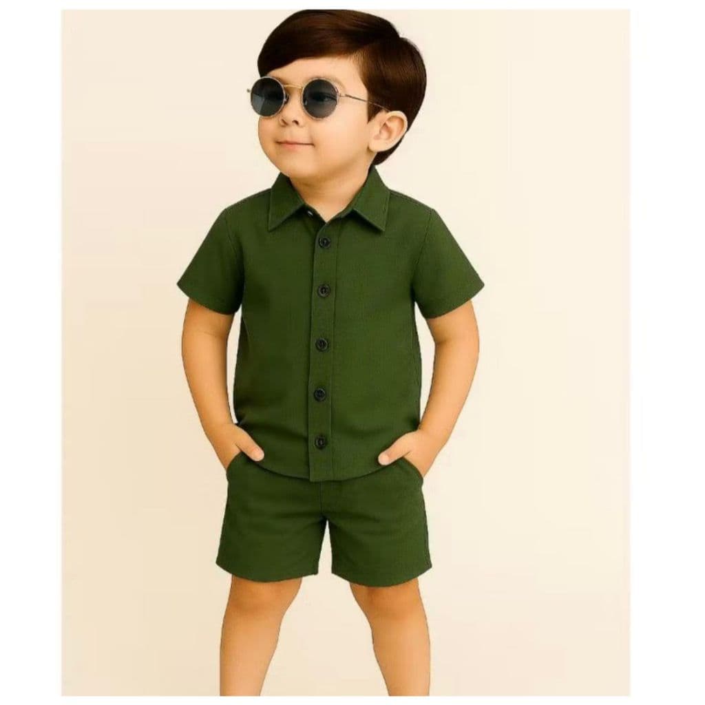 Conjunto Infantil Masculino Linho Camisa Gola Polo Manga Curta Shorts Casual Liso Colorido