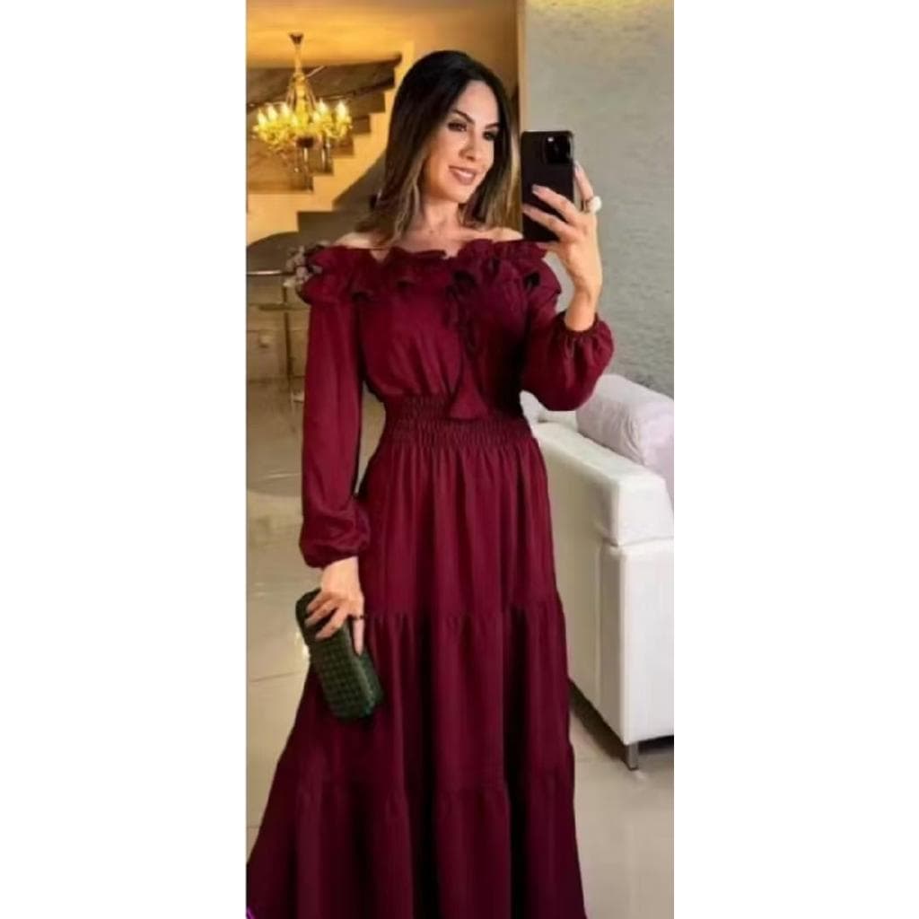 vestido Feminino CIGANA, Decote ombro a ombro manga longa em tejido duna não amassa ,leva forro