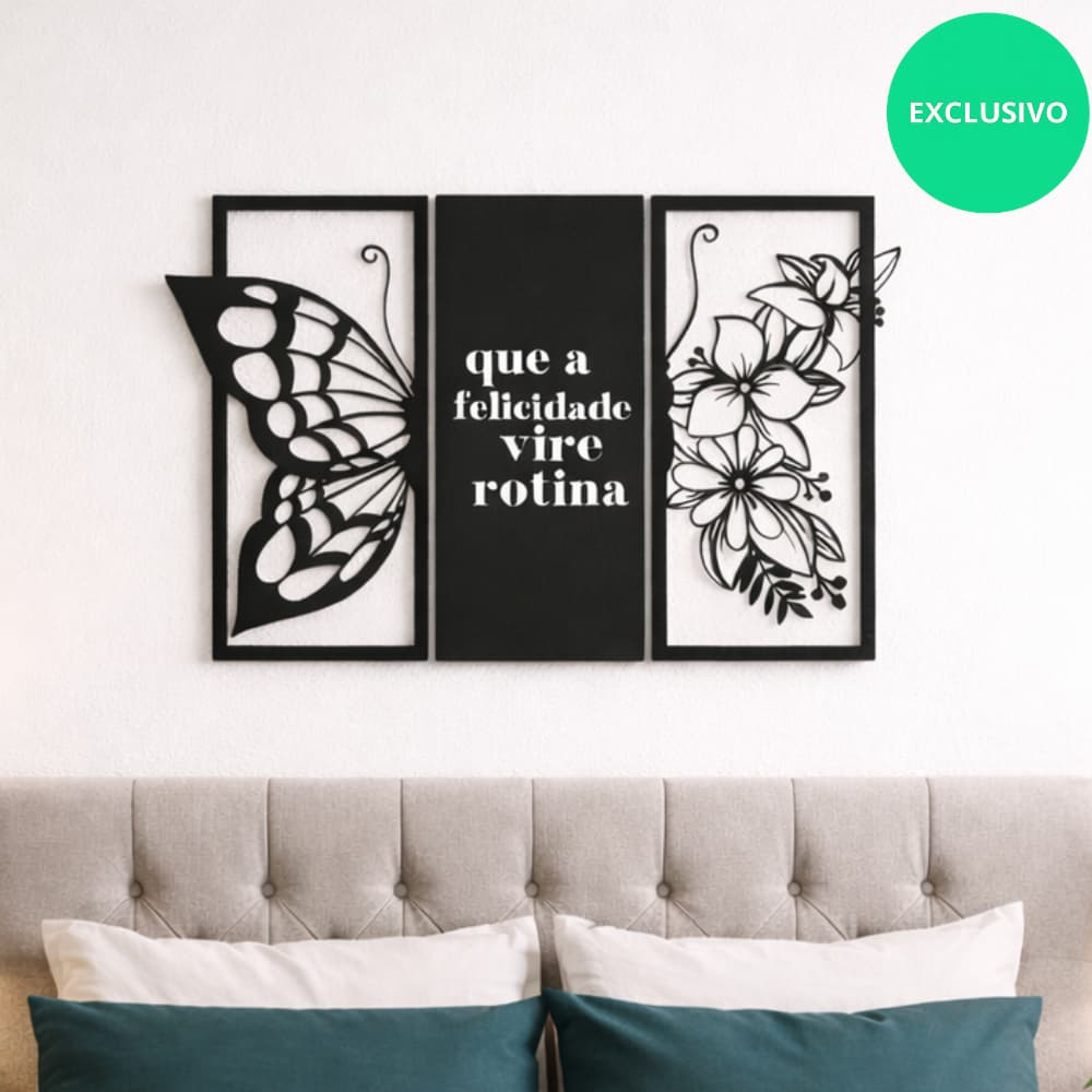 Painel Kit 3 Quadros Borboleta Frase Motivacional Variados Decoração Ambiente