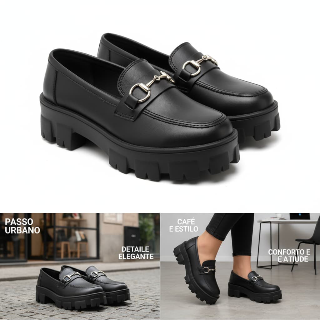 Mocassim Feminino Preto com Corrente  Casual Elegante Confortável Sapato Moda Dia a Dia Tendência