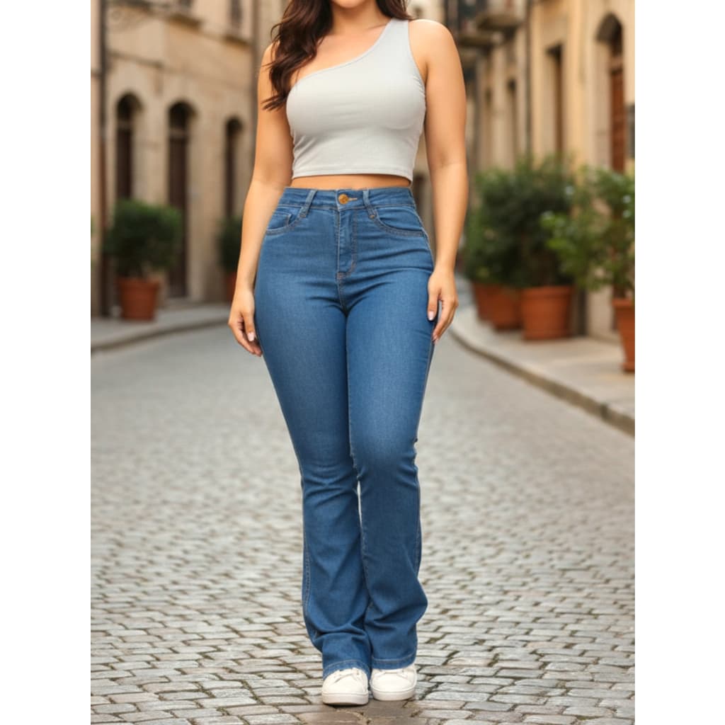 Calça Jeans Flare Feminina Cintura Alta Elastano Blogueira