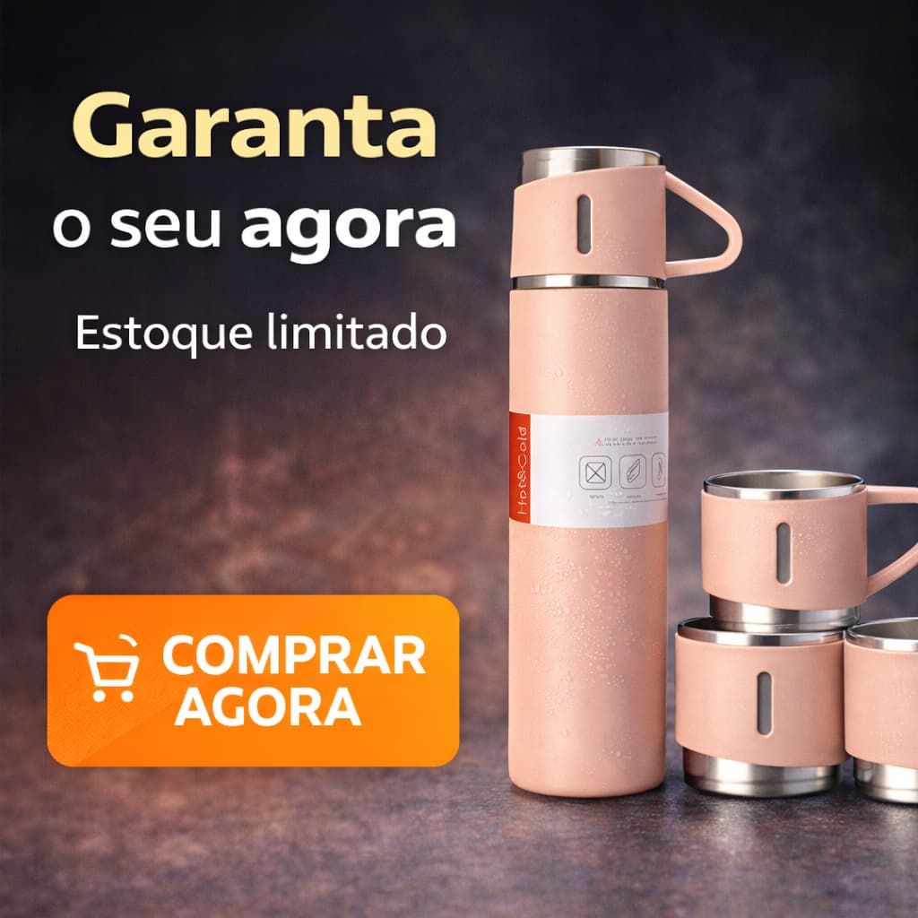 Garrafa Térmica Inox 500ml com 3 Xícaras Kit Viagem Café Quente Frio Portátil Rosa