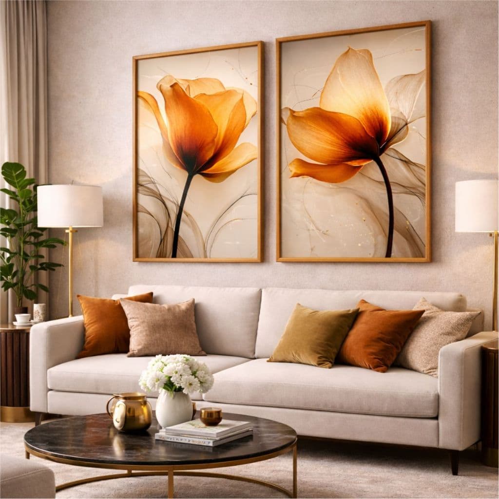 Quadro Decorativo Moldura Vidro Kit 2 Peças Flor Laranja Elegante Quarto Sala Cozinha Escritório