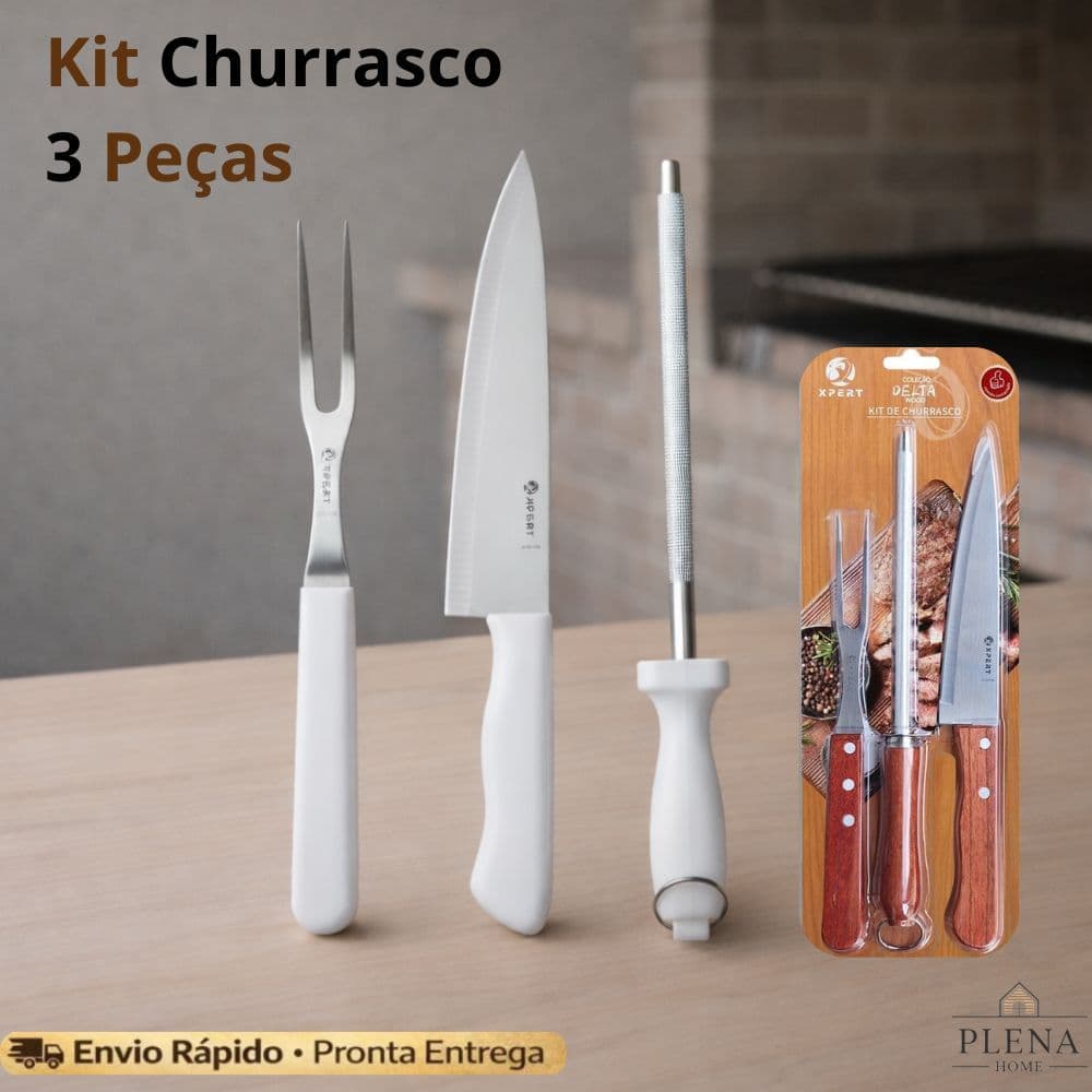 Kit Churrasco 3 Pcs Faca Garfo Chaira Aço Inox Profissional Gourmet Corte Navalha Presente Homem Pai