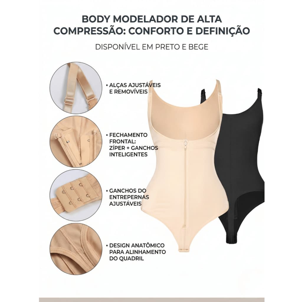 Body Feminino Modelador Sem Costura Alças Ajustáveis Cinta Redutora Alta Compressão Com Ziper