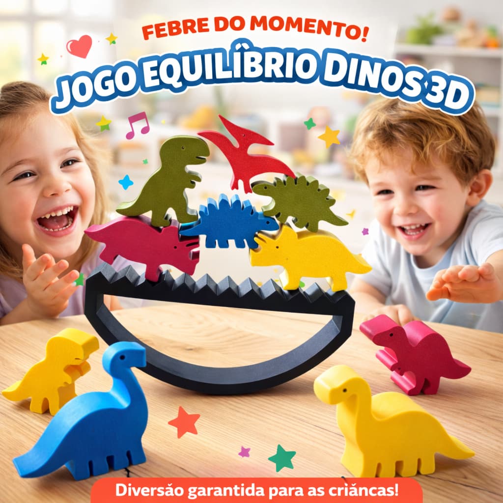 Jogo Equilíbrio Dinos 3D Infantil Educativo | Brinquedo Montessori Coordenação Motora Criança | Dinossauro Colorido
