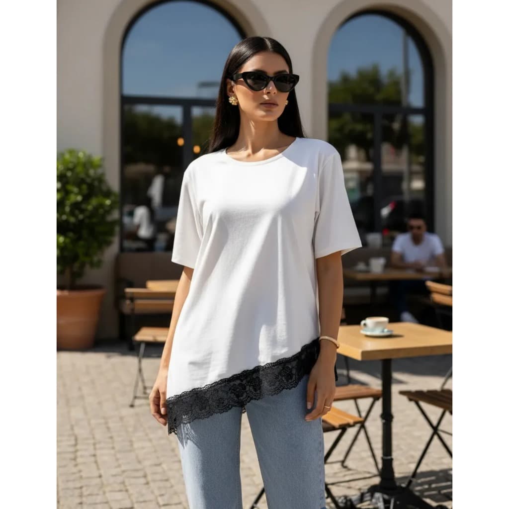 Blusa Feminina Trend Tendência Blusão Tshirt Oversized Básica Assimétrica Com Renda