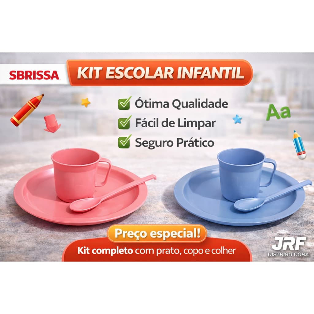 Kit Escolar Infantil Sbrissa Prato + Colher + Caneca Plástico Resistente Para Lanche Escola