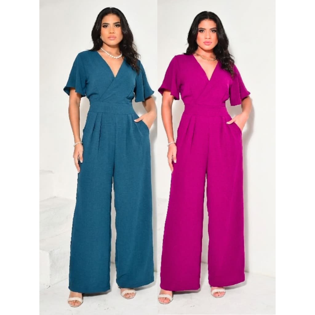 Macacão Feminino Longo Pantalona Manga Curta Com Decote Cruzado Elegante