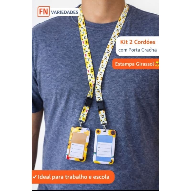 Kit 2 Cordões com Porta Crachá Estampa Girassol