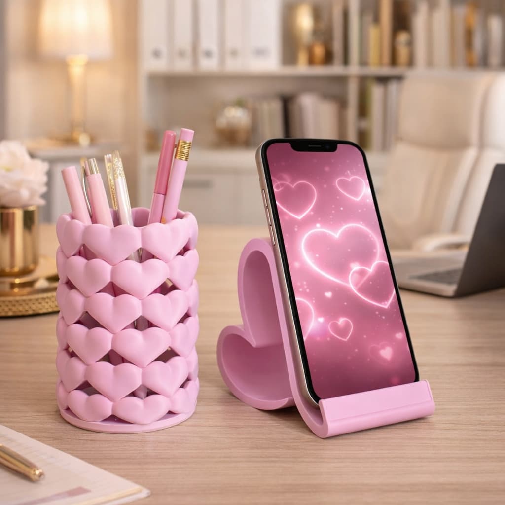 Kit Decorativo Organizador de Mesa para Escritório Porta Canetas + Suporte para Celular Elegante Luxuoso