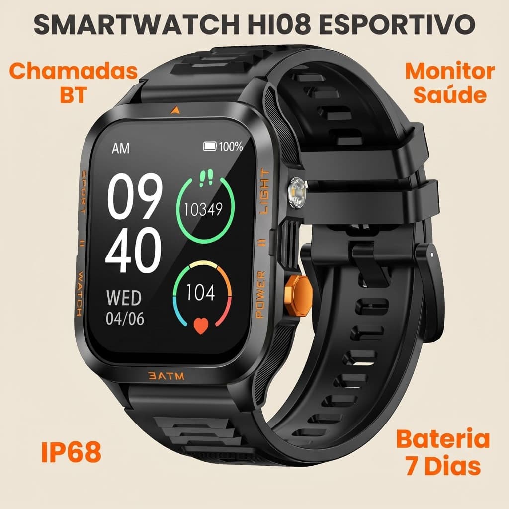 Smartwatch  HI08 Esportivo | Chamadas BT, Monitor Cardíaco & Sono | IP68, Bateria 7 Dias, 20+ Modos