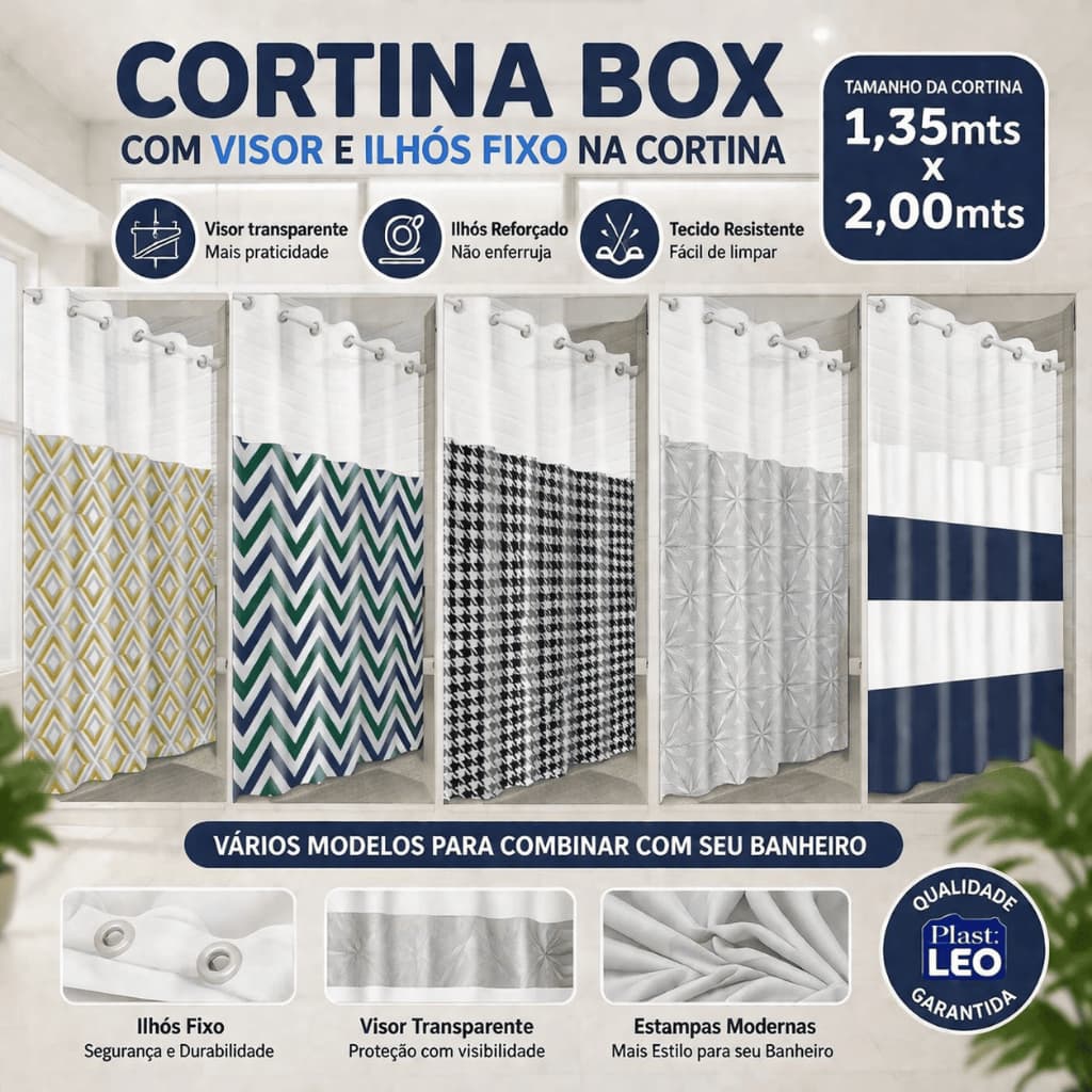 Cortina De Box Banheiro Com Ilhós 1,35m x 2,00m - Visor Transparente E Saia Estampada - Antimofo