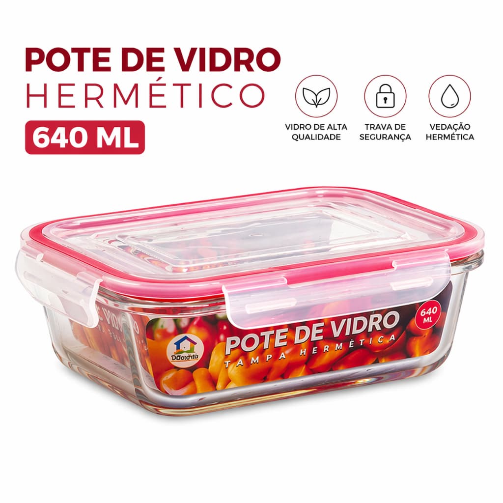 Pote de Vidro Hermético 640ml com Trava | Vedação Silicone | Micro-ondas e Freezer
