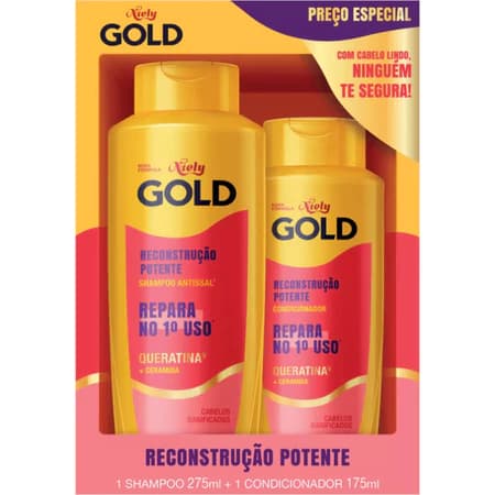 Shampoo 275ml e Condicionador 175ml Niely Gold Cabelos Danificados Reconstrução Potente