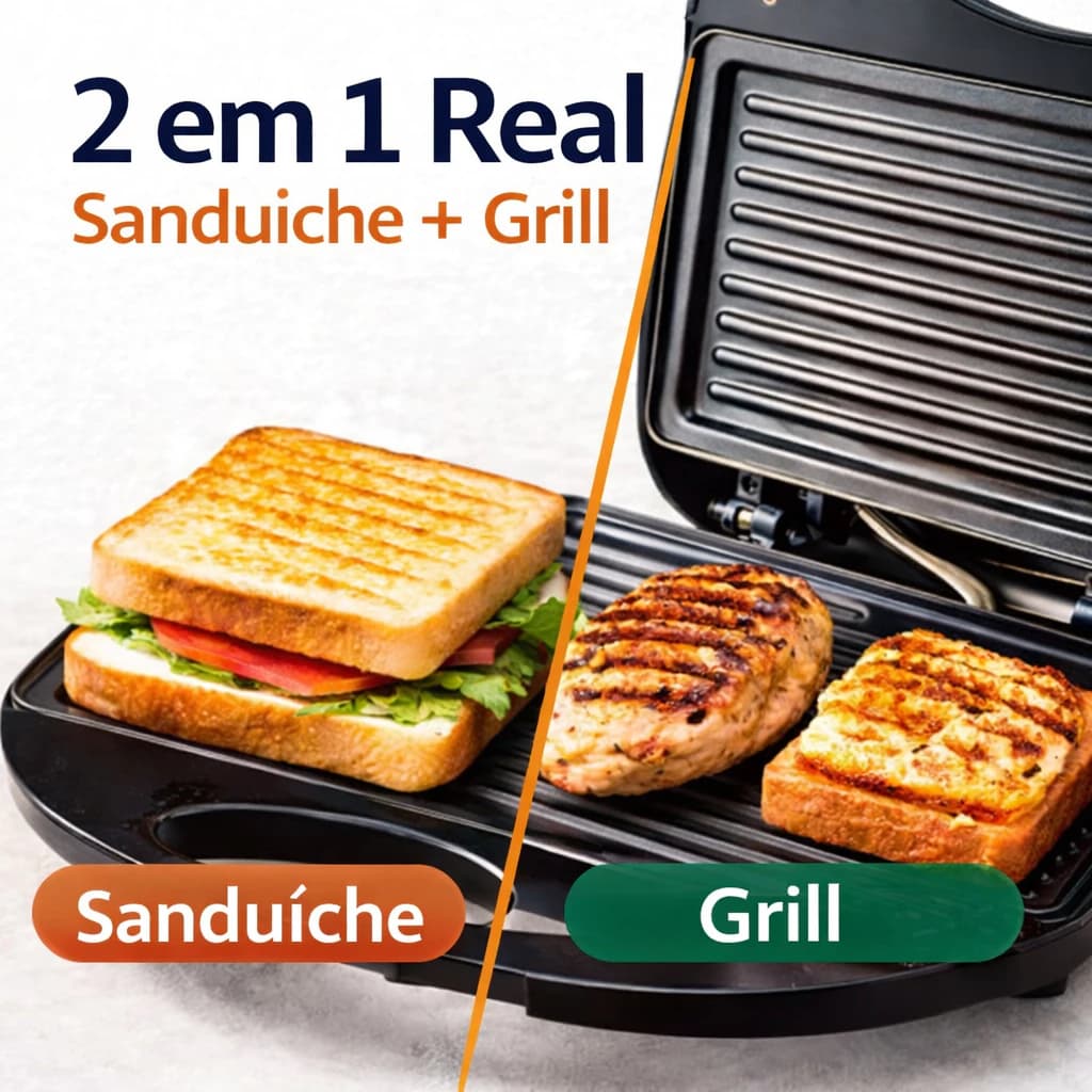 Sanduicheira Grill Elétrica 750W Antiaderente Preta Faz 2 Sanduíches Rápido 110V ou 220V