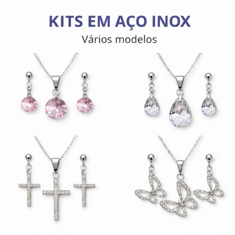 Kit Colar e Brinco Aço Inox Delicado Cute Conjunto Corrente Borboleta Estrela Cruz Olhor Grego Trevo