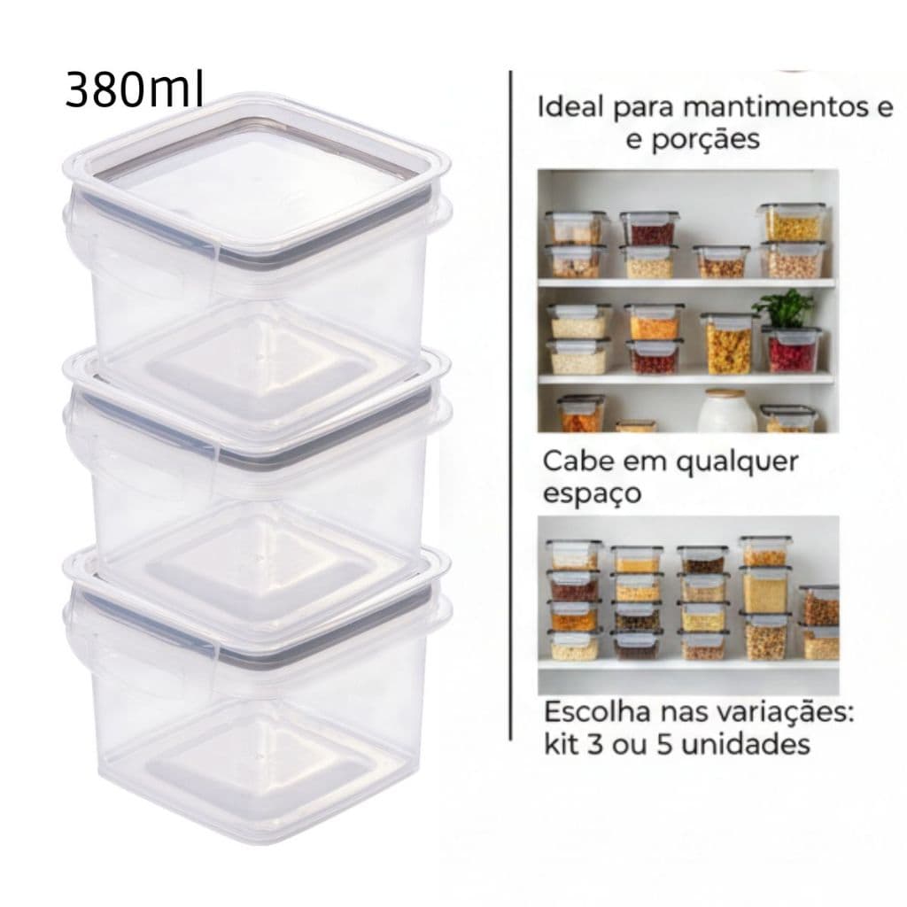 Plasútil Kit 3 ou 5 Potes Herméticos 380ml Trava Mais Porta Mantimentos Plástico