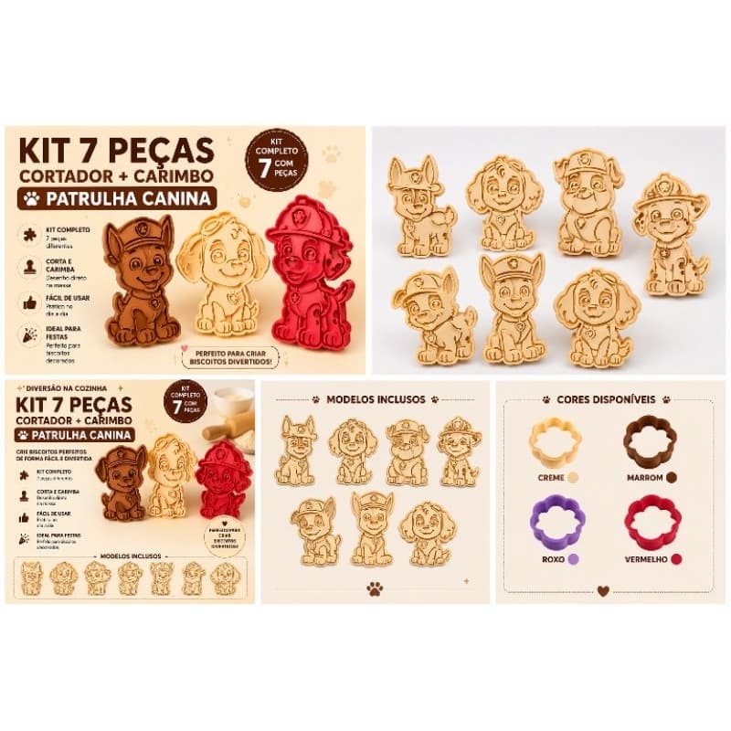 Kit Cortadores e Carimbos Patrulha Canina 7 Peças para Biscoito e Massa