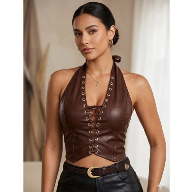 Blusa Feminina Cropped Couro Sintético Frente Única Amarrar na Frente Tendência Blogueira Corselete ilhos Gringa