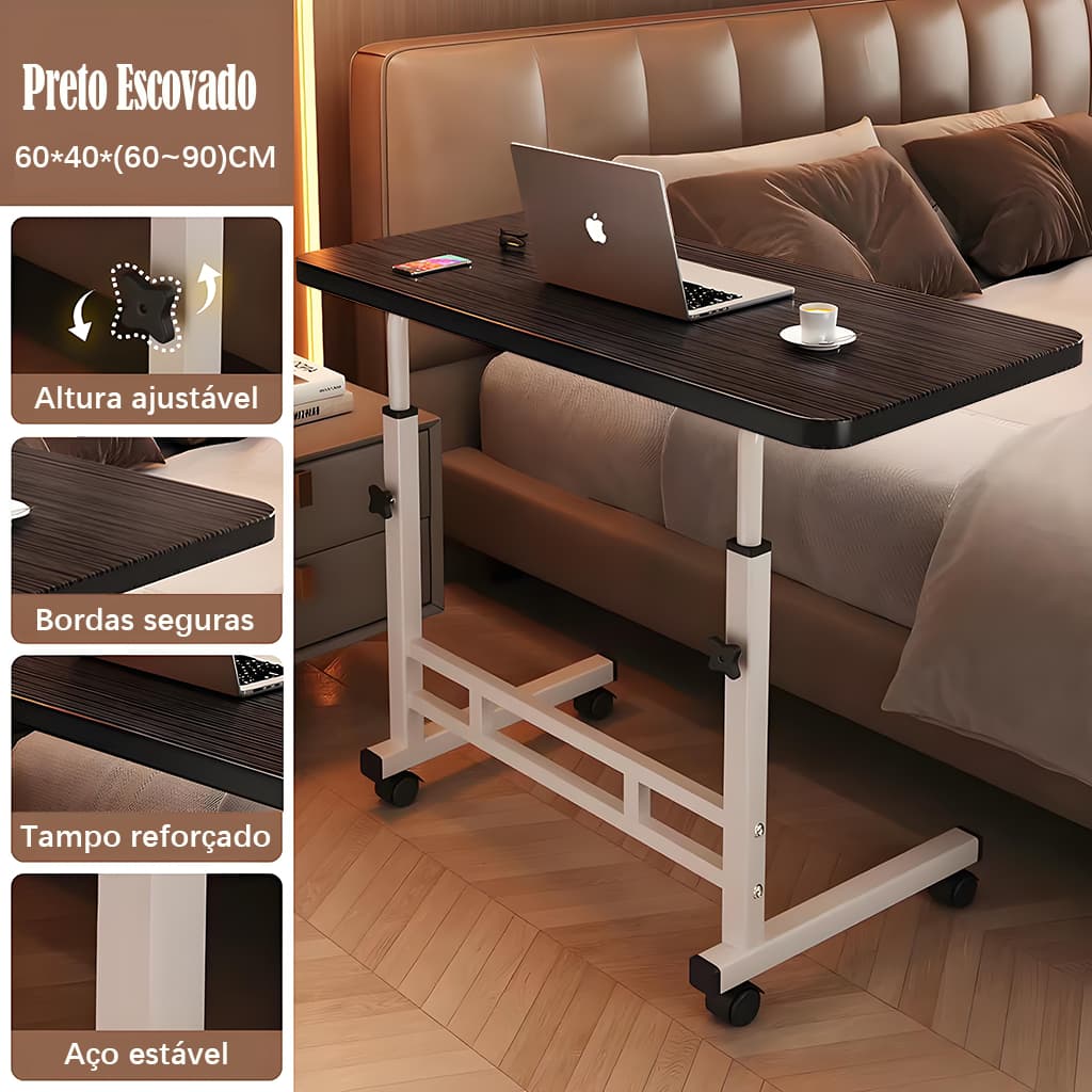 👉 Mesa Portátil para Notebook Ajustável com Rodinhas Elevatória para Cama Sofá Escritório Casa