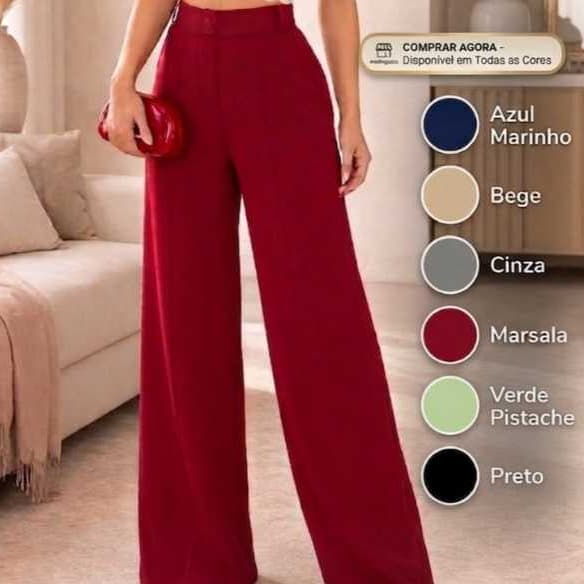 Calça Feminina Pantalona Casual Wide Leg Duna com Botão  Fake P M G GG  Calça Casual
