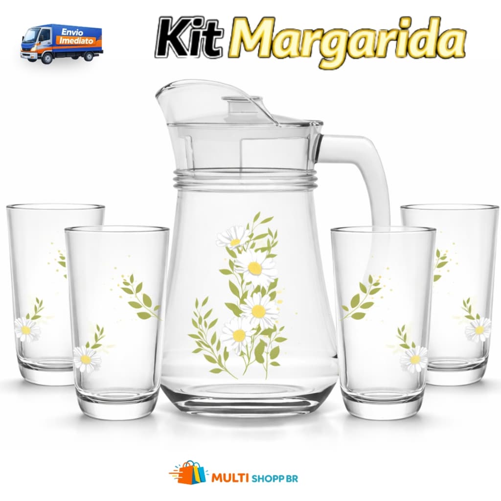 Jarra 1,35 Litros Com Tampa + 4 Copos de Vidro Resistente 3 Modelos Disponíveis Elegante Presente