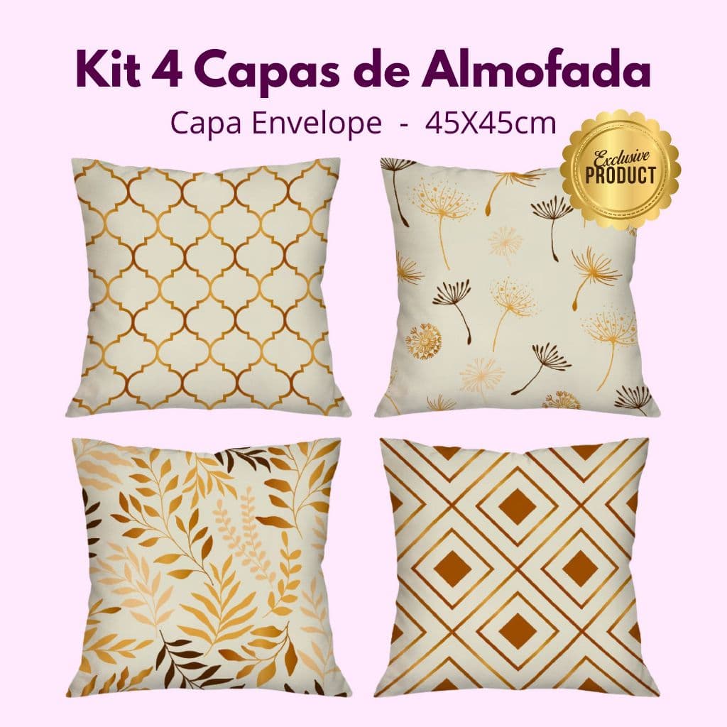 Kit com 4 Capas para Almofada Decorativas 45x45cm Detalhes Dourados