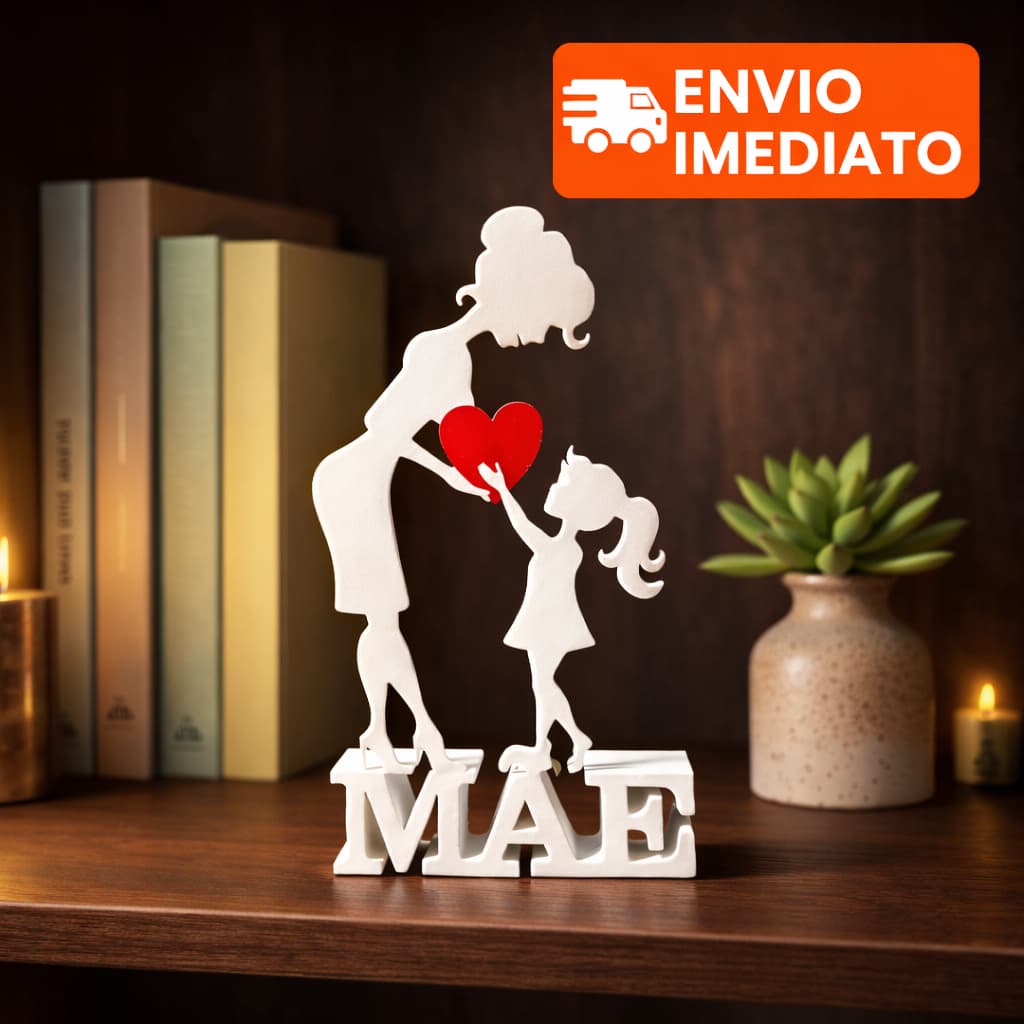 Estatueta Decorativa Elegante Mãe e Filha com Coração Vermelho Ideal para Presentear e Decorar