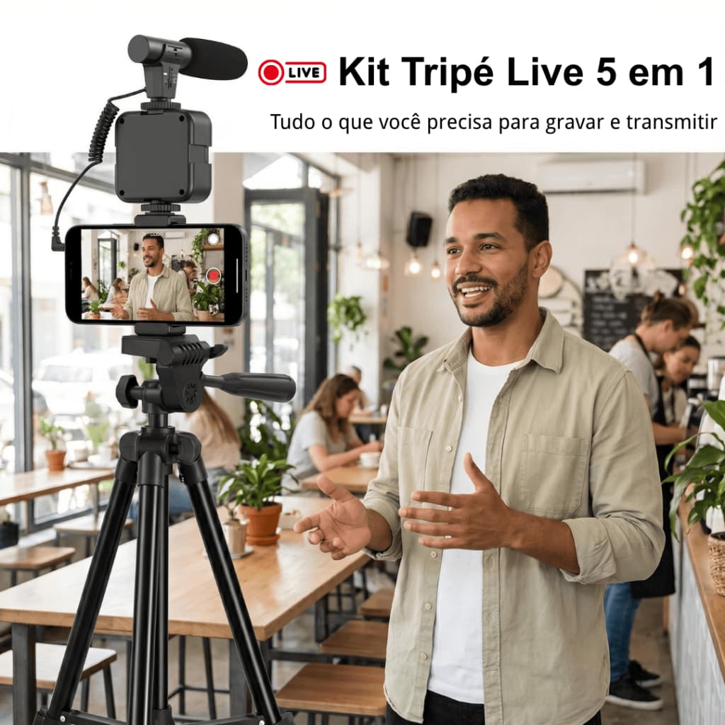 Kit Tripé 1,3 m p/ Celular + Microfone + Luz LED de Bolso + Controle Remoto – Live e Gravação