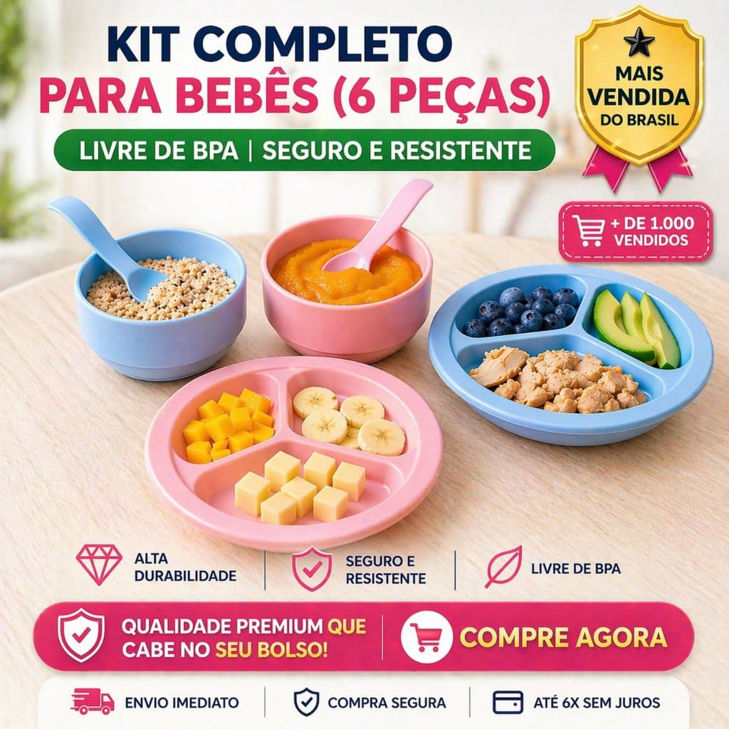 Conjunto Alimentação Bebê Introdução Alimentar 6 Peças Pratinho Potinhos Talheres Refeição Sem BPA