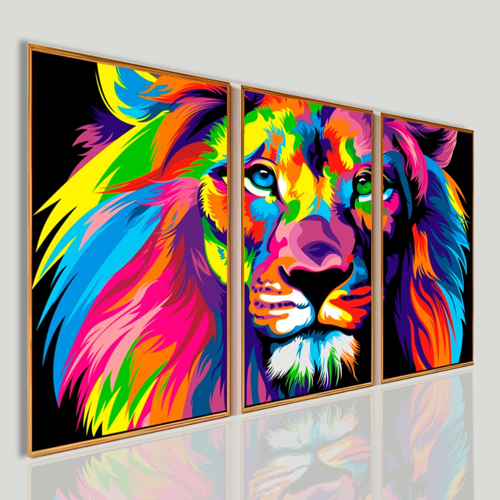 Quadro Leão Colorido Abstrato 3 Peças Decorativo Moderno Sala Quarto Arte Pop Wall Art