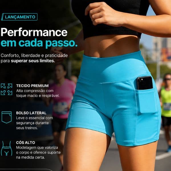 Short Legging Feminino Liso Moda Fitness de Academia Treino Corrida Ginástica Caminhada Com Bolso Porta Celular/Chaves