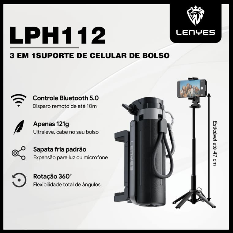 Suporte Celular 3 em 1 121g, Grip, Tripé e Pau de Selfie Portátil com Sapata Fria LENYES