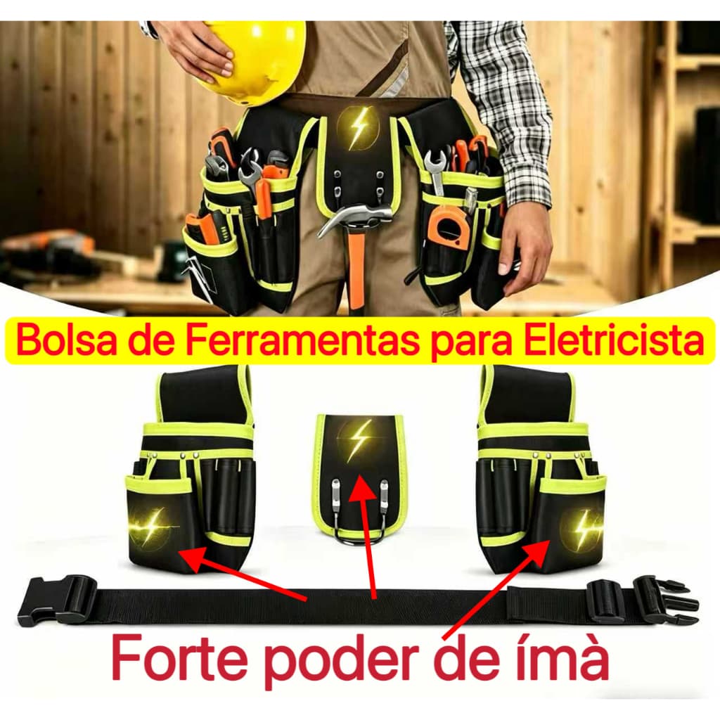 Bolsa de Ferramentas Multifuncional com 3 Ímãs, Lona Espessa, Ideal para Eletricistas