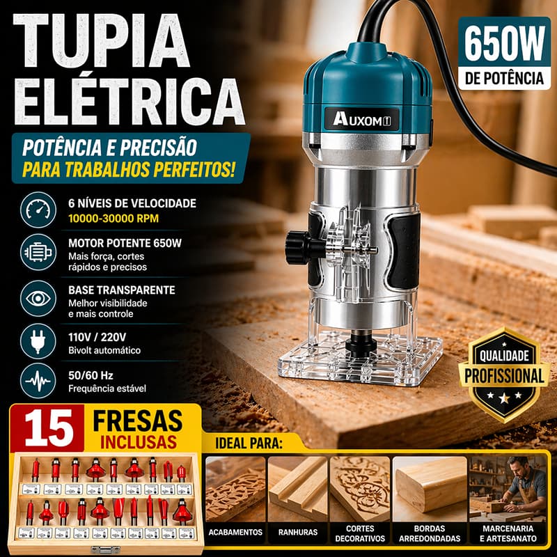 Tupia Laminadora 650W Com Kit Fresa E Maleta De 15 Peças 110V/220V