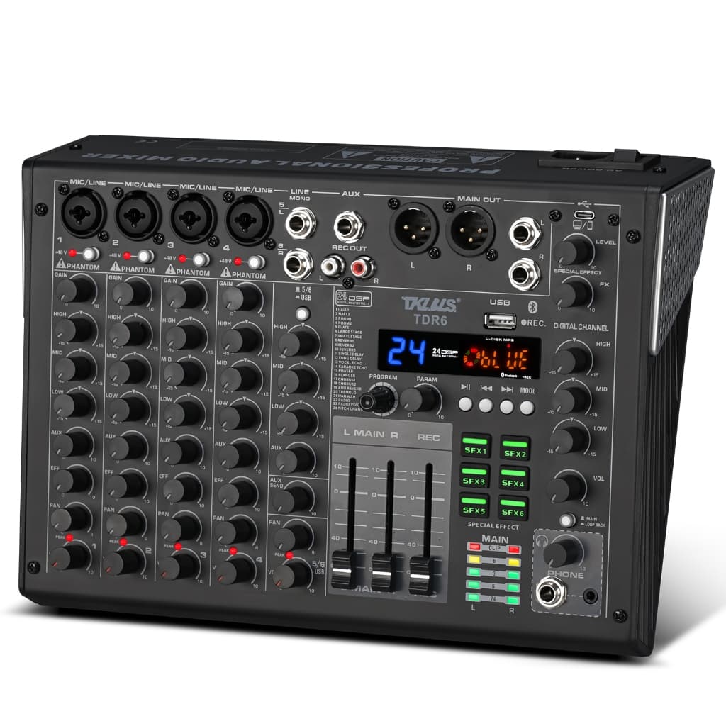 Mesa de Som Karaoke 6 Canais Profissional Bluetooth USB 99DSP Phantom 48V TKLBLS 110/220V