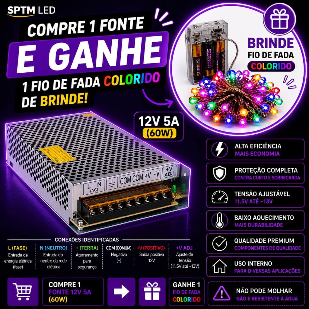 Fonte Chaveada Profissional 12V 5 AMPERES Estabilizada – Alta Performance e Segurança  COD:FN-048X