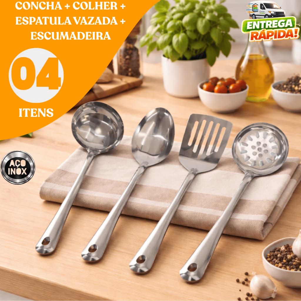 Kit Utensílios de Cozinha Inox 4 Peças – Concha Colher Espátula Vazada Escumadeira Restaurante