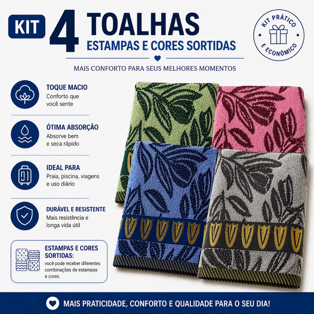 Kit 4 Toalha de Banho Macia Alta Absorção Secagem Rápida Confortável Uso Diário Viagem Sortidas