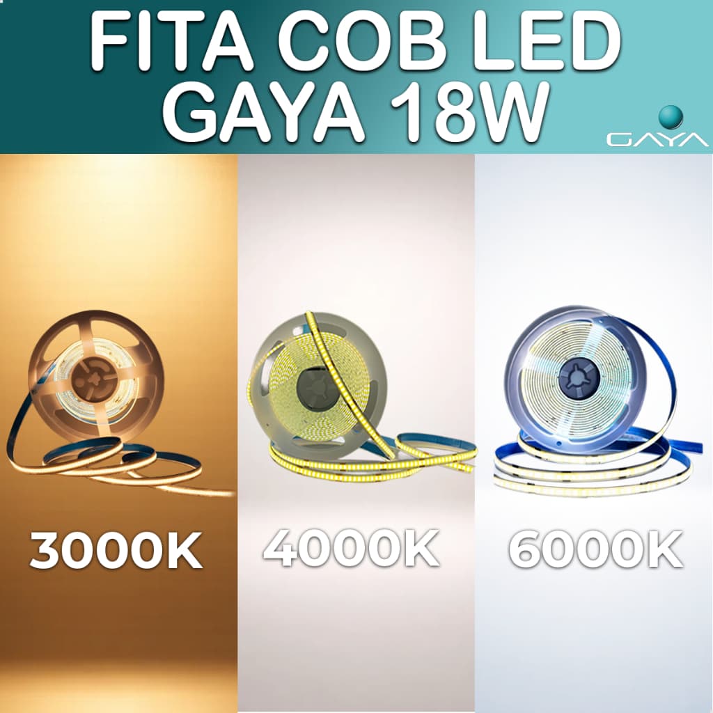 Fita Led COB 18W 12V 5m Gaya 3000K 4000K 6000K Bivolt Alta Luminosidade Autoadesiva IP20 Interior