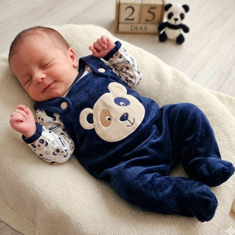 Macacão Jardineira com Body Longo Kids Urso Zeca Marinho Plush Quentinho