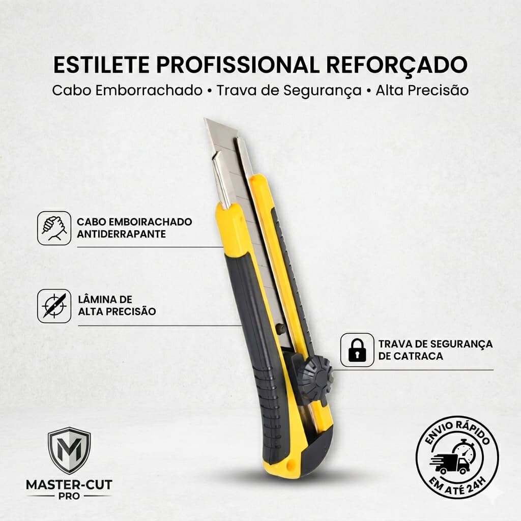 Estilete Profissional Reforçado Cabo Emborrachado Antiderrapante Trava de Segurança Alta Precisão