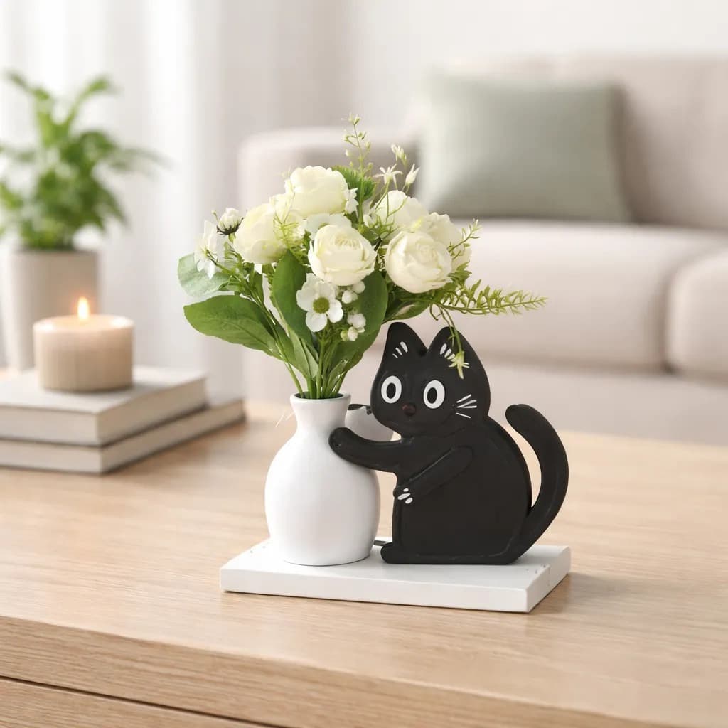 Gato Segurando Vaso + Planta Artificial Decoração Sala Casa Quarto Escritorio Consultório Escultura