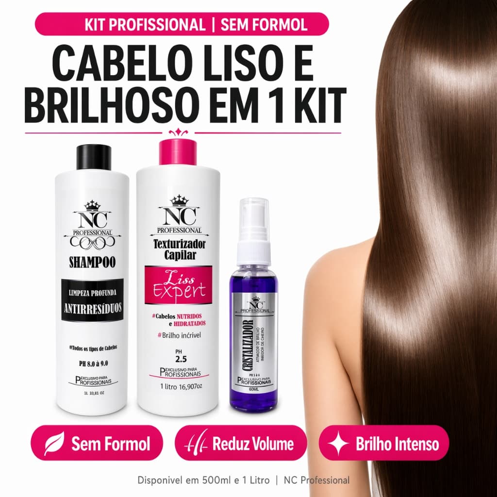 Kit Alisamento Sem Formol NC Liss Expert Profissional Shampoo Progressiva Cristalizador