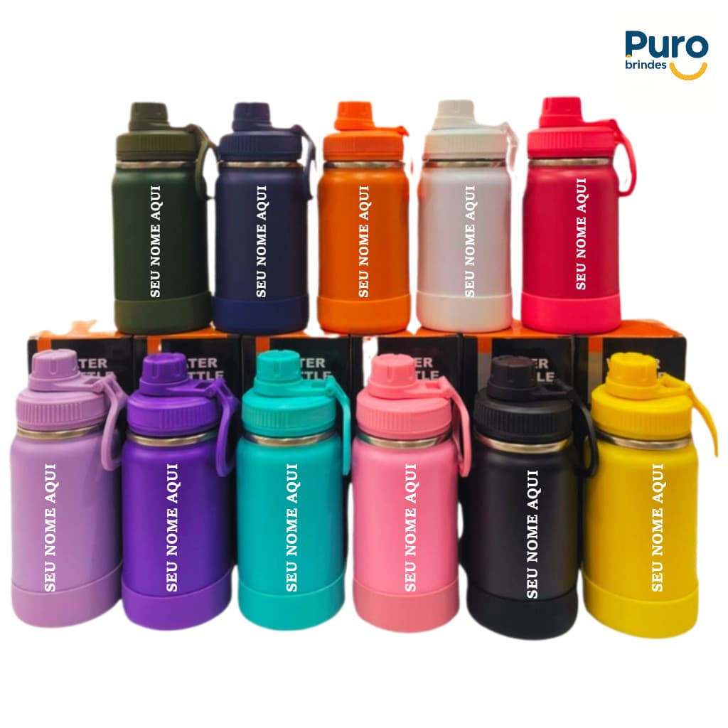 Garrafa Térmica Sport 350ml Inox + Borracha + Alça Dobrável - Personalizada
